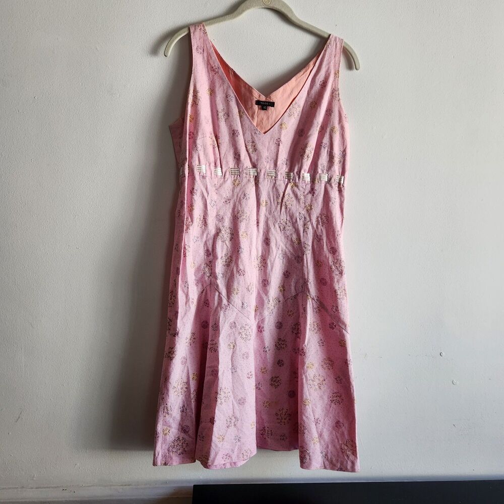 Tocca Women's pink floral print sleeveless v-necklace lace tie back Sz 10 dress